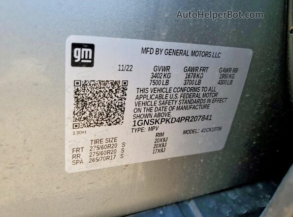 1GNSKPKD4PR207841 2023 CHEVROLET TAHOE Gray 