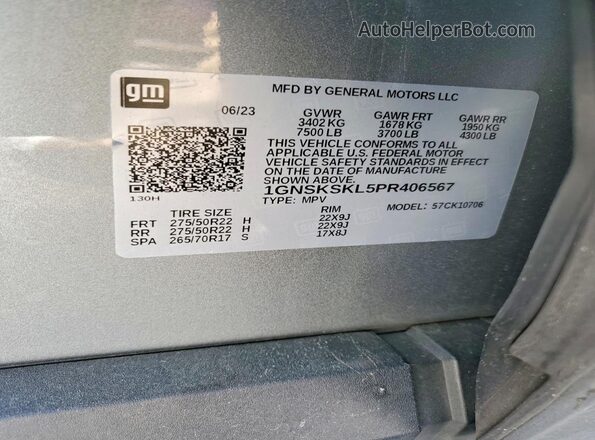 1GNSKSKL5PR406567 2023 CHEVROLET TAHOE Gray Вид наклейки з VIN-кодом
