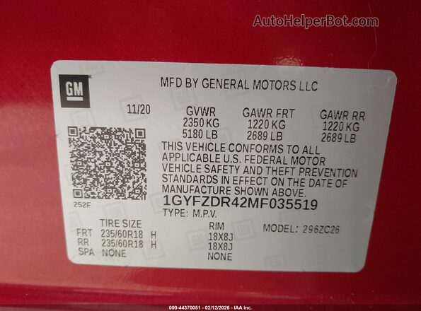 1GYFZDR42MF035519 2021 CADILLAC XT4 Red 
