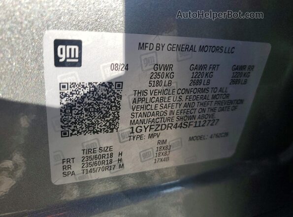 1GYFZDR44SF112727 2025 CADILLAC XT4 Серый Вид наклейки с VIN-кодом