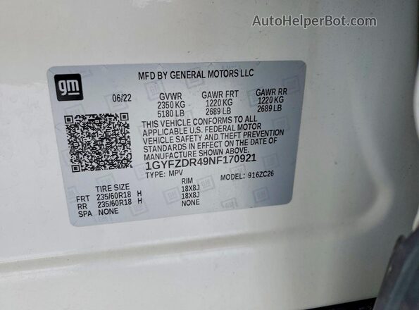 1GYFZDR49NF170921 2022 CADILLAC XT4 White Панорамний вид салону 360°