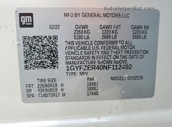 1GYFZER40NF112492 2022 CADILLAC XT4 White 360 interior view