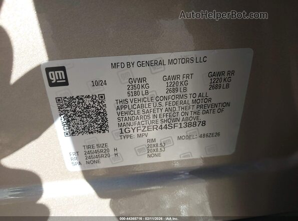 1GYFZER44SF138878 2025 CADILLAC XT4 Золотой Вид подкапотного пространства