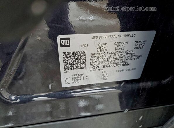 1GYFZER45NF118966 2022 CADILLAC XT4 Gray VIN კოდის სტიკერის ხედი