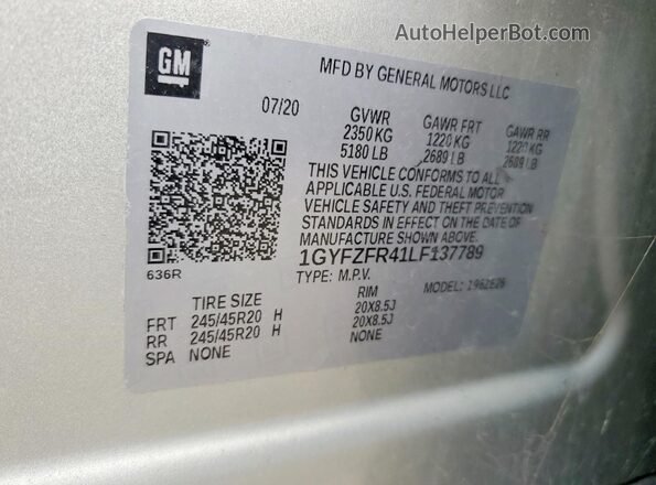 1GYFZFR41LF137789 2020 CADILLAC XT4 Silver Vista de la etiqueta del VIN