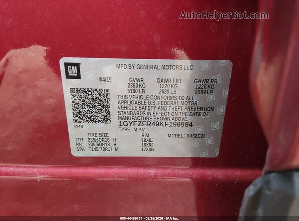 1GYFZFR49KF198984 2019 CADILLAC XT4 Red 