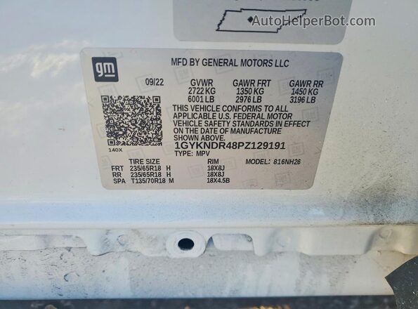 1GYKNDR48PZ129191 2023 CADILLAC XT5 White Vista de la etiqueta del VIN