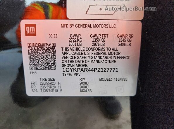 1GYKPAR44PZ127771 2023 CADILLAC OTHER Черный Вид наклейки с VIN-кодом