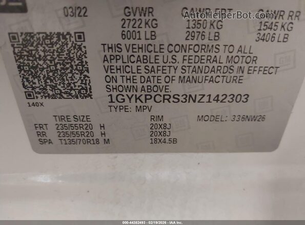 1GYKPCRS3NZ142303 2022 CADILLAC OTHER White Շարժիչի բաժամունքի տեսք