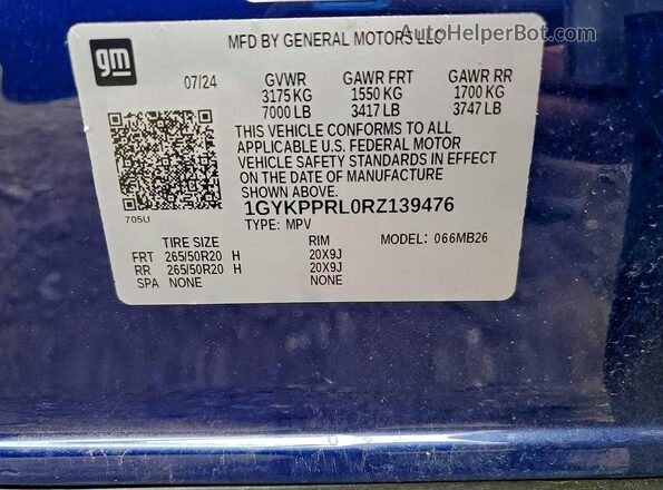 1GYKPPRL0RZ139476 2024 CADILLAC OTHER Blue VIN კოდის სტიკერის ხედი