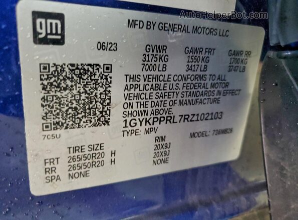 1GYKPPRL7RZ102103 2024 CADILLAC OTHER Blue Vista de la etiqueta del VIN