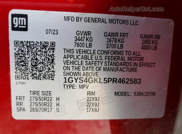 1GYS4GKL5PR462583 2023 CADILLAC ESCALADE Maroon VIN კოდის სტიკერის ხედი