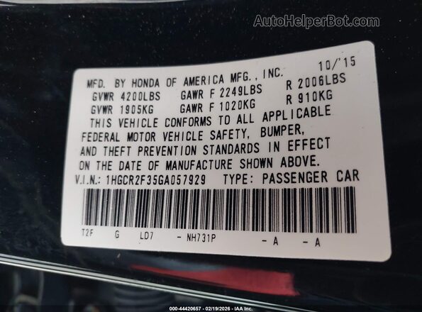 1HGCR2F35GA057929 2016 HONDA ACCORD Black Вид підкапотного простору
