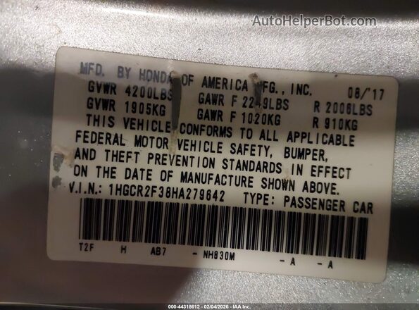 1HGCR2F38HA279642 2017 HONDA ACCORD Silver 