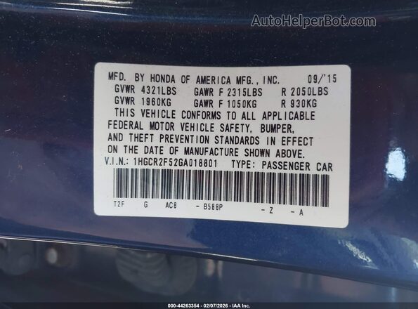 1HGCR2F52GA018801 2016 HONDA ACCORD Blue Widok komory silnika