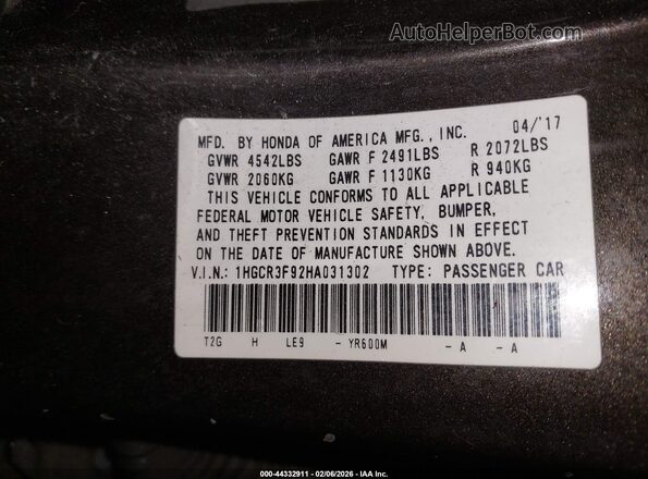 1HGCR3F92HA031302 2017 HONDA ACCORD Brown Вид підкапотного простору