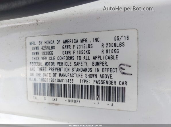 1HGCT1B51GA011436 2016 HONDA ACCORD White 