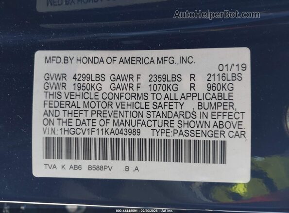 1HGCV1F11KA043989 2019 HONDA ACCORD Dark Blue 