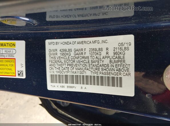 1HGCV1F11KA113071 2019 HONDA ACCORD Blue 