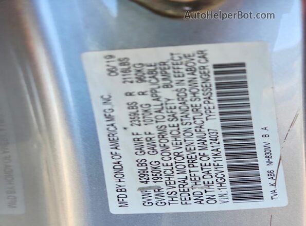 1HGCV1F11KA124037 2019 HONDA ACCORD Серебряный 