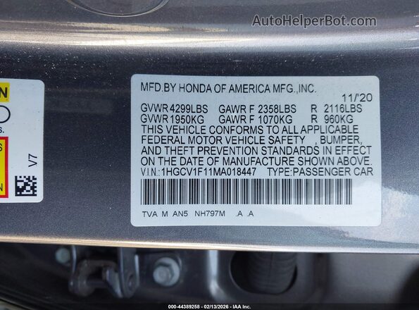 1HGCV1F11MA018447 2021 HONDA ACCORD Silver ძრავის განყოფილების ხედი