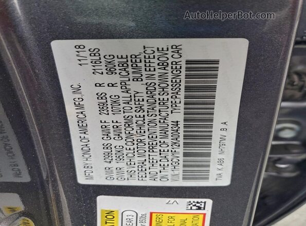 1HGCV1F12KA004344 2019 HONDA ACCORD Gray 