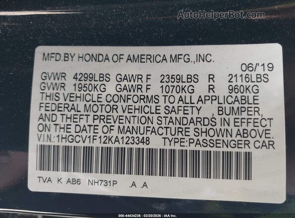 1HGCV1F12KA123348 2019 HONDA ACCORD Black 