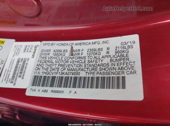 1HGCV1F13KA074550 2019 HONDA ACCORD Red Շարժիչի բաժամունքի տեսք