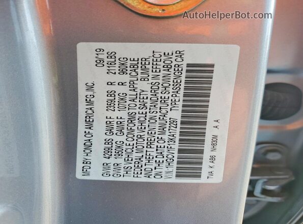 1HGCV1F13KA172297 2019 HONDA ACCORD Silver 