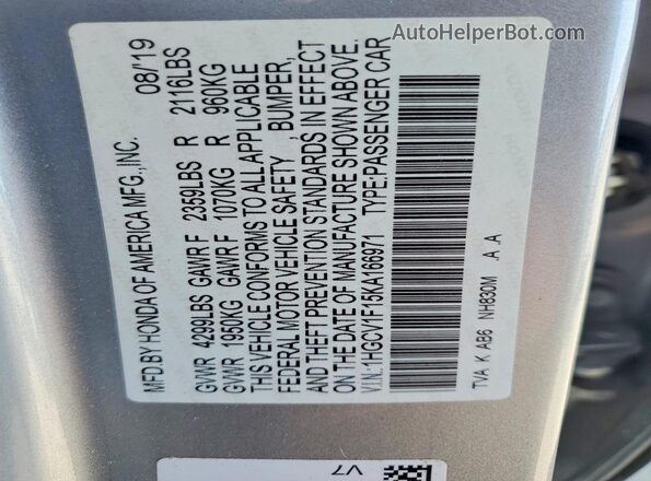 1HGCV1F15KA166971 2019 HONDA ACCORD Silver 