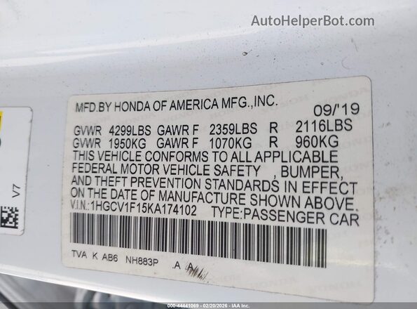 1HGCV1F15KA174102 2019 HONDA ACCORD White 