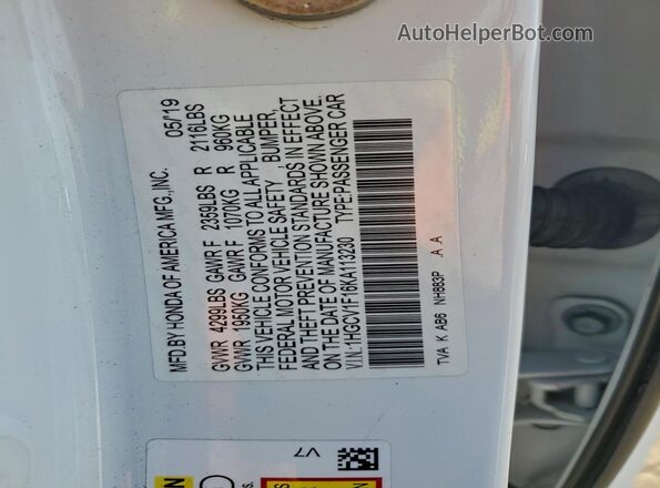 1HGCV1F16KA113230 2019 HONDA ACCORD White 