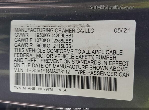 1HGCV1F16MA078112 2021 HONDA ACCORD Gray Widok komory silnika