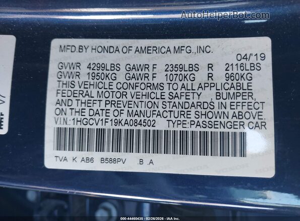 1HGCV1F19KA084502 2019 HONDA ACCORD Blue 