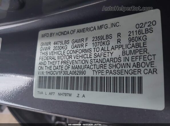 1HGCV1F30LA062990 2020 HONDA ACCORD Black Вид підкапотного простору