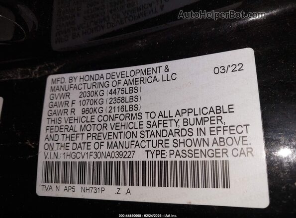 1HGCV1F30NA039227 2022 HONDA ACCORD Black ძრავის განყოფილების ხედი