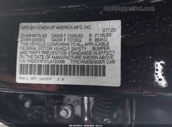1HGCV1F31LA103398 2020 HONDA ACCORD Черный Вид подкапотного пространства