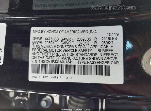 1HGCV1F33LA011841 2020 HONDA ACCORD Black Շարժիչի բաժամունքի տեսք