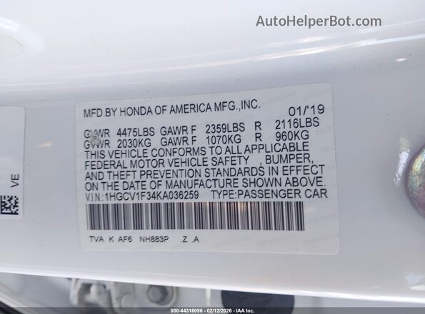1HGCV1F34KA036259 2019 HONDA ACCORD White ძრავის განყოფილების ხედი