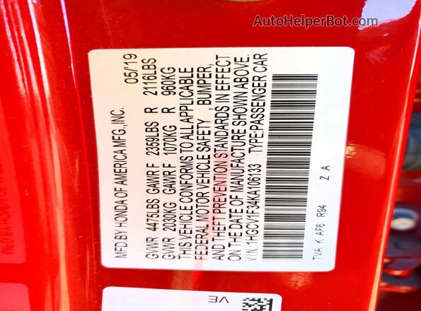 1HGCV1F34KA106133 2019 HONDA ACCORD Red Շարժիչի բաժամունքի տեսք