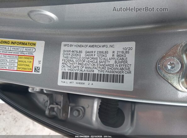 1HGCV1F34LA153258 2020 HONDA ACCORD Серебряный 