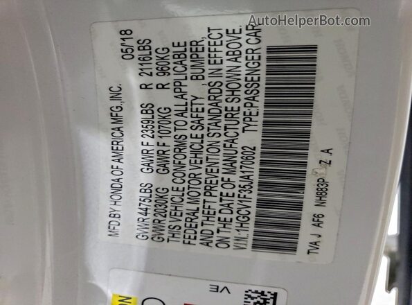 1HGCV1F35JA170602 2018 HONDA ACCORD White Vista de la etiqueta del VIN