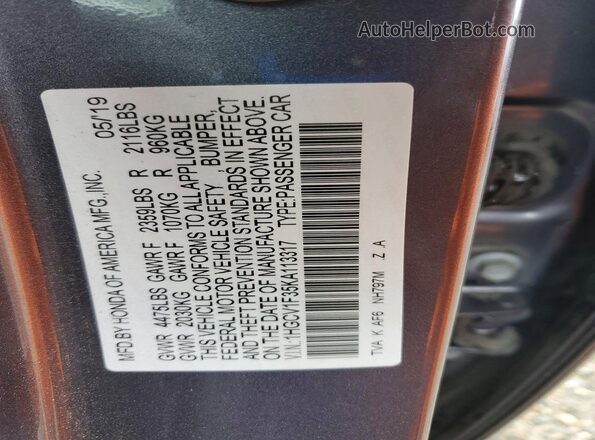 1HGCV1F35KA113317 2019 HONDA ACCORD Charcoal 