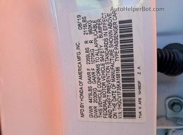 1HGCV1F35KA168186 2019 HONDA ACCORD White 