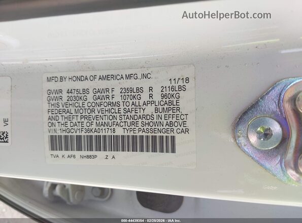 1HGCV1F36KA011718 2019 HONDA ACCORD White 