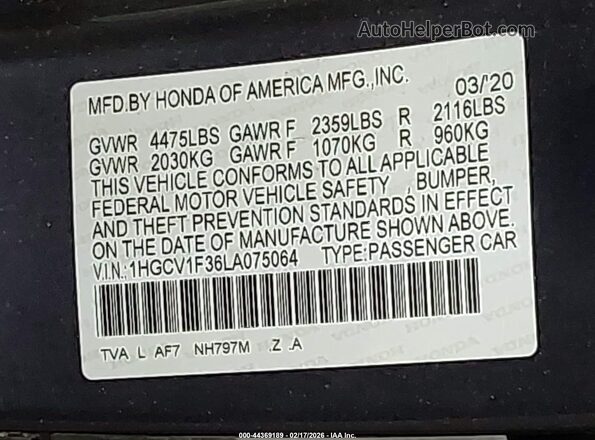 1HGCV1F36LA075064 2020 HONDA ACCORD SEDAN SPORT W Синий 