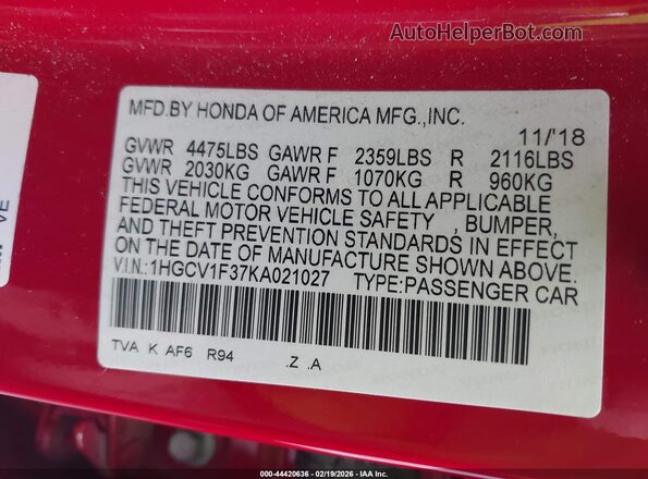 1HGCV1F37KA021027 2019 HONDA ACCORD Red 