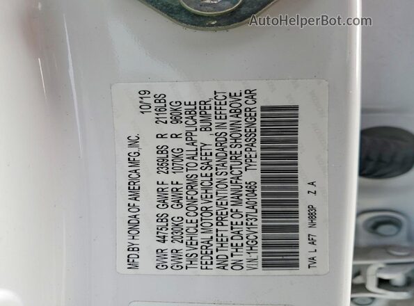 1HGCV1F37LA010465 2020 HONDA ACCORD White ძრავის განყოფილების ხედი