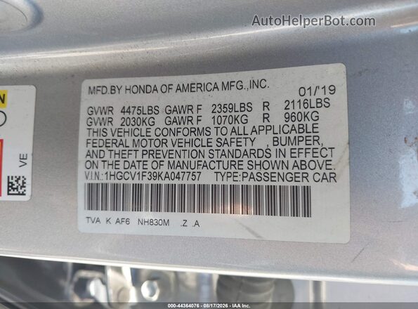 1HGCV1F39KA047757 2019 HONDA ACCORD Серый Вид подкапотного пространства