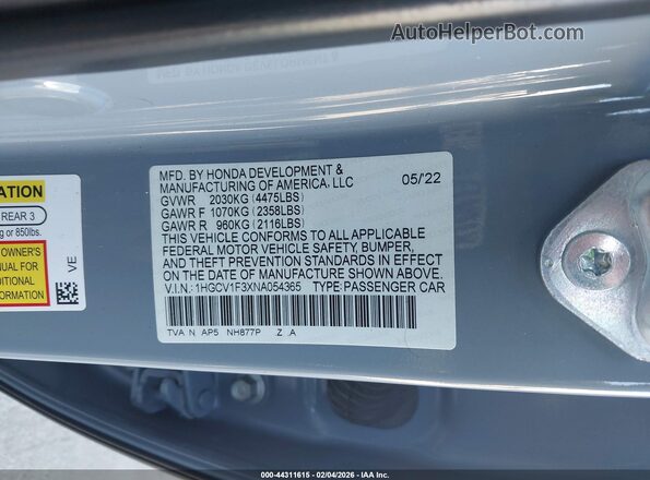 1HGCV1F3XNA054365 2022 HONDA ACCORD Бирюзовый Вид подкапотного пространства